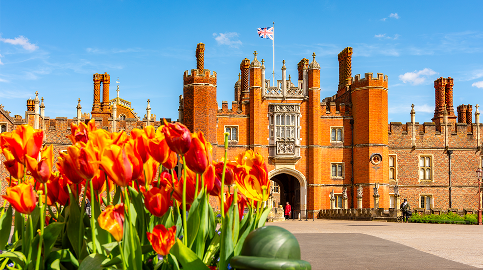 Tudor gatehouse of Hampton Court palace and spring tulips in Richmond, London, UK